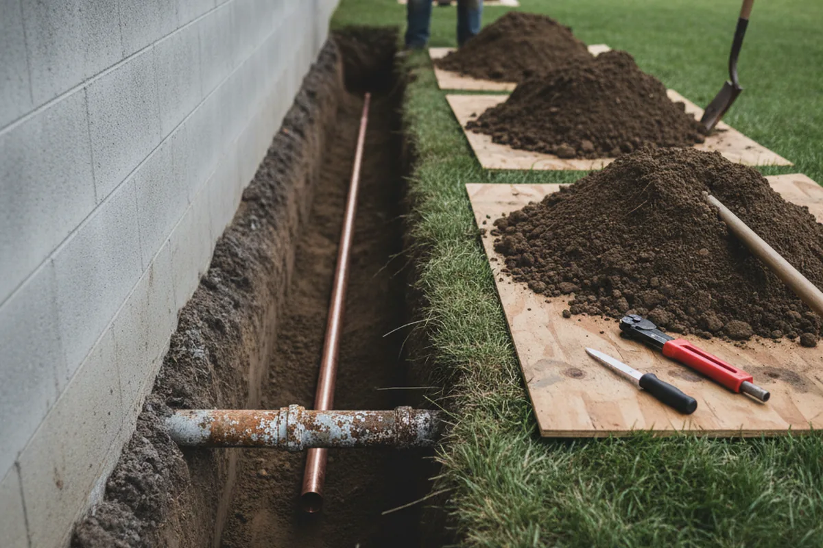 Excavated water line trench during Sewer Line Repair in Moscow Mills
